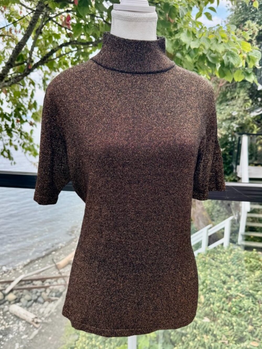Vintage Bronze and Black Metallic Short Sleeve Turtleneck Sweater Size M